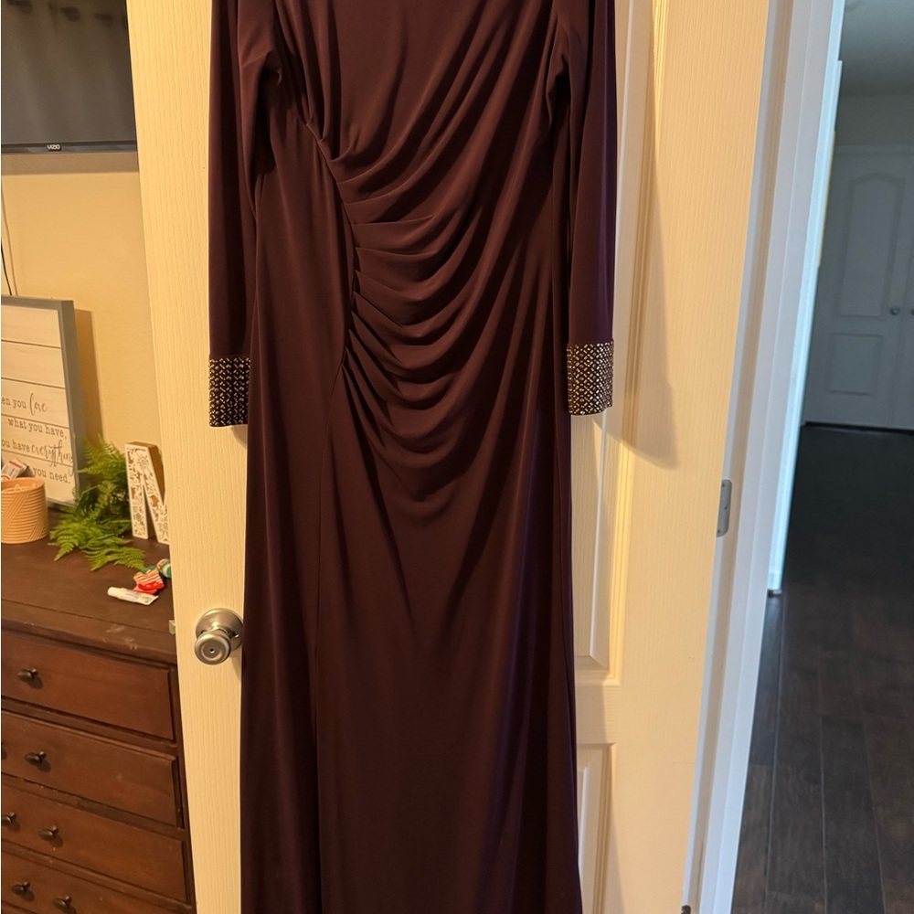 Calvin Klein Red Asymmetrical Ruched Long Sleeve Gown